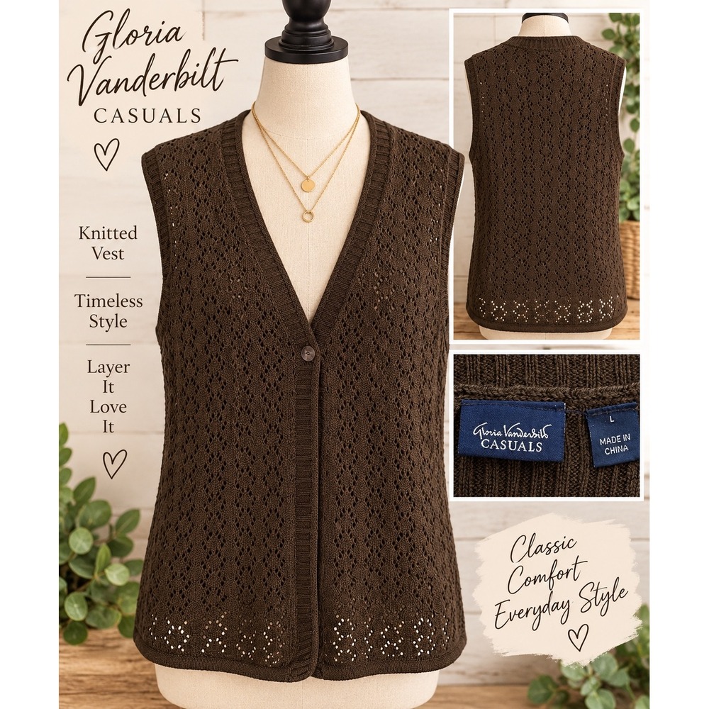 Gloria Vanderbilt Casuals Brown Pointelle Knit Button Front Sweater Vest Large